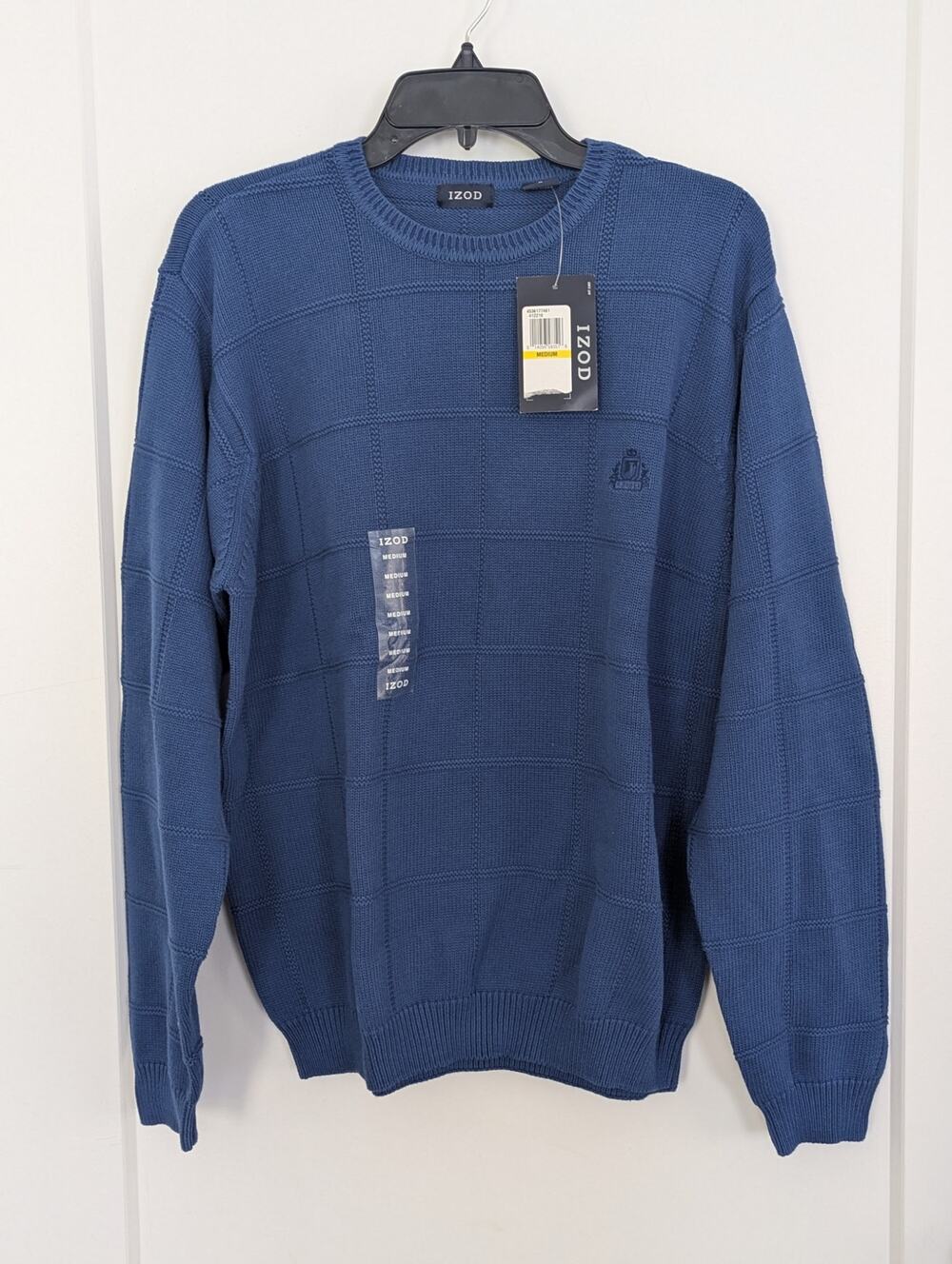 NWT Izod Mens Medium Sweater Blue Grid Textured Knit 100% Cotton Logo